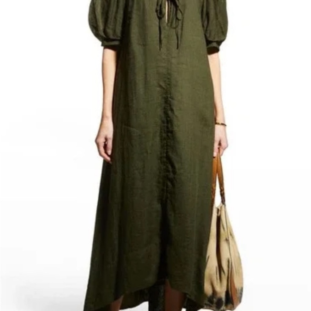 FRAME moss green tie neck front puff sleeve linen maxi dress - Picture 8 of 9